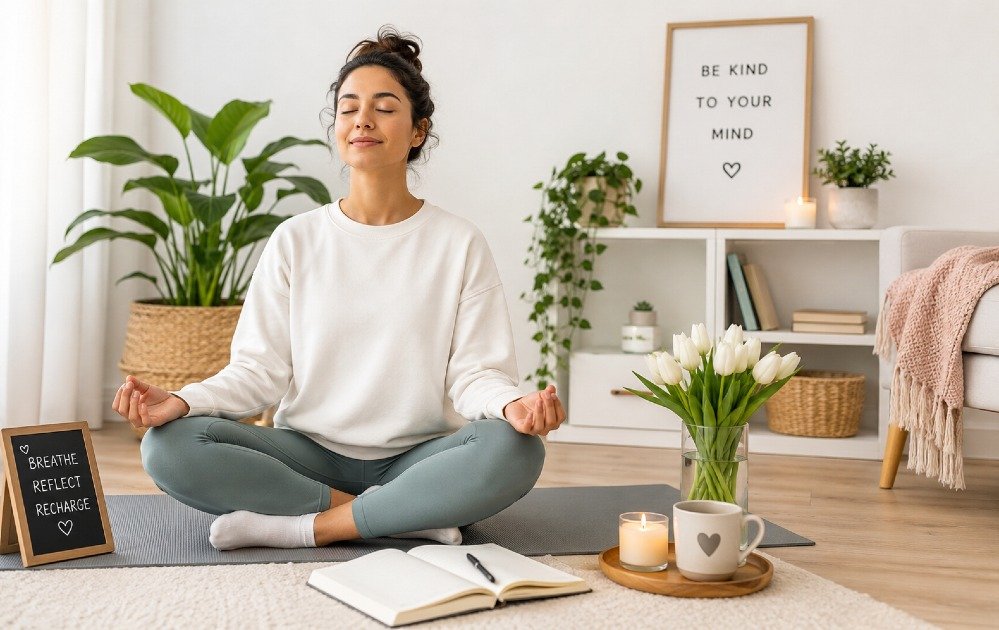 Person practicing mindfulness and healthy self-care to support mental health and preventive care.