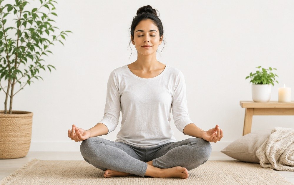 Person practicing mindfulness meditation to stay present and focused in the moment