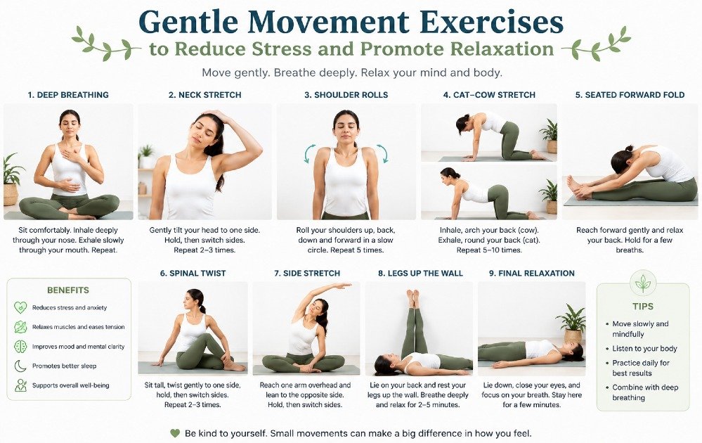 Gentle movement exercises used to reduce stress and promote relaxation