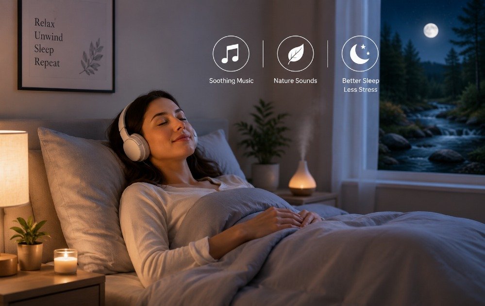 Person relaxing in a calm bedroom while listening to soothing music and nature sounds to improve sleep quality and reduce stress.