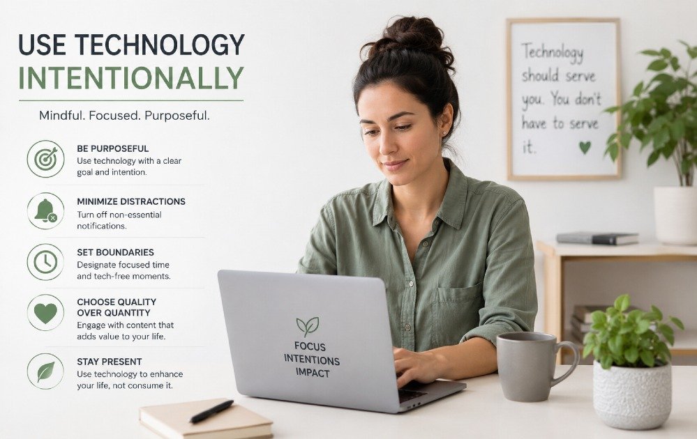 Person using digital devices mindfully to focus on meaningful, intentional technology use