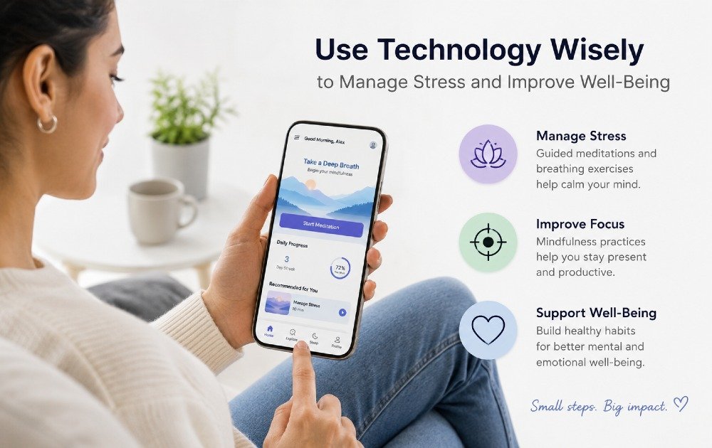 Person using a mindfulness app on a smartphone to manage stress, improve focus, and support mental well-being.