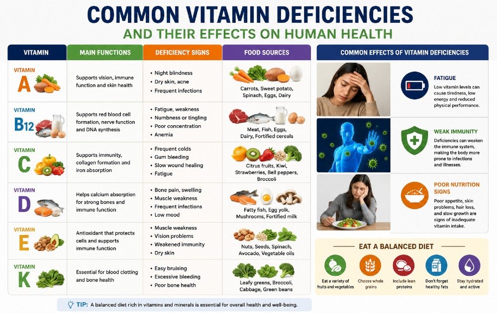 Common vitamin deficiencies and their effects on human health, showing fatigue, weak immunity, and poor nutrition signs.