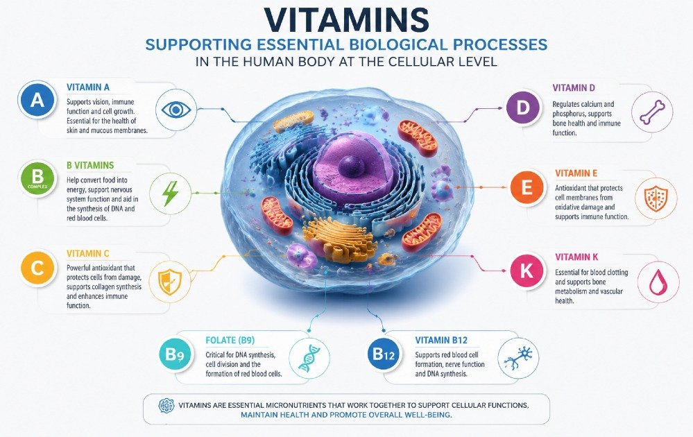 Vitamins supporting essential biological processes in the human body at the cellular level, including energy production and repair