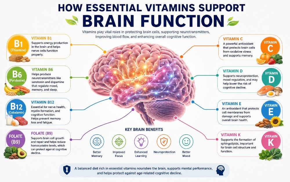 Healthy brain illustration showing how essential vitamins support memory, focus, and overall cognitive function.