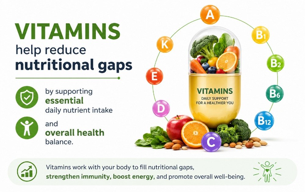 Vitamins help reduce nutritional gaps by supporting essential daily nutrient intake and overall health balance.