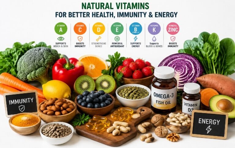 Colorful assortment of natural foods and supplements representing essential vitamins for better health, immunity, and energy support