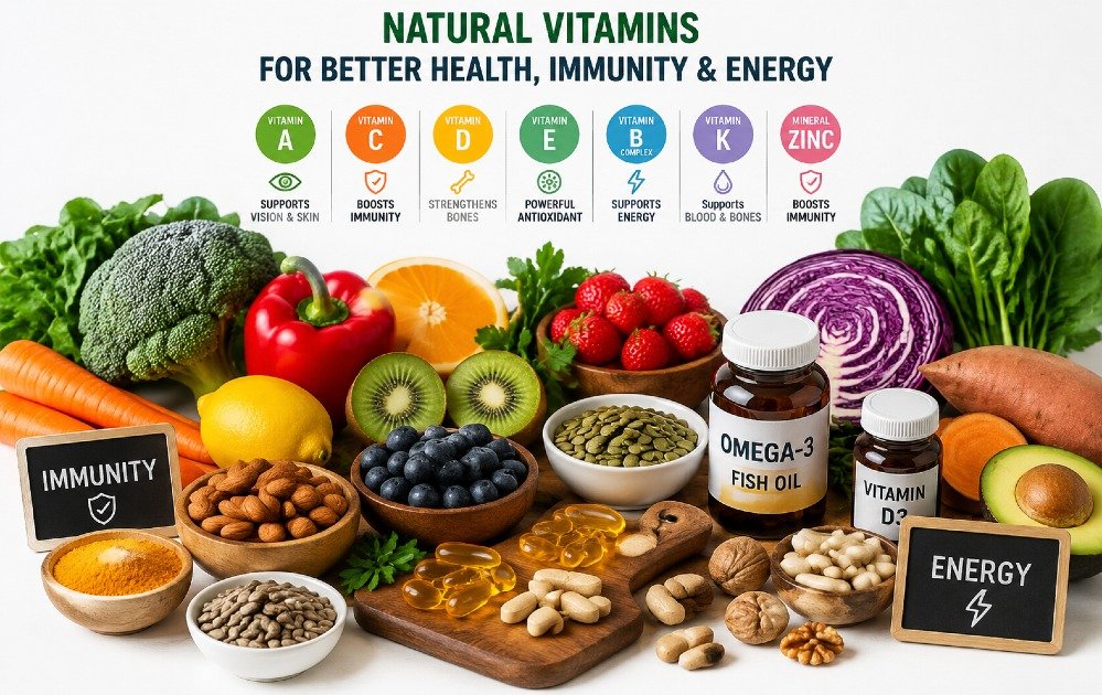 Colorful assortment of natural foods and supplements representing essential vitamins for better health, immunity, and energy support