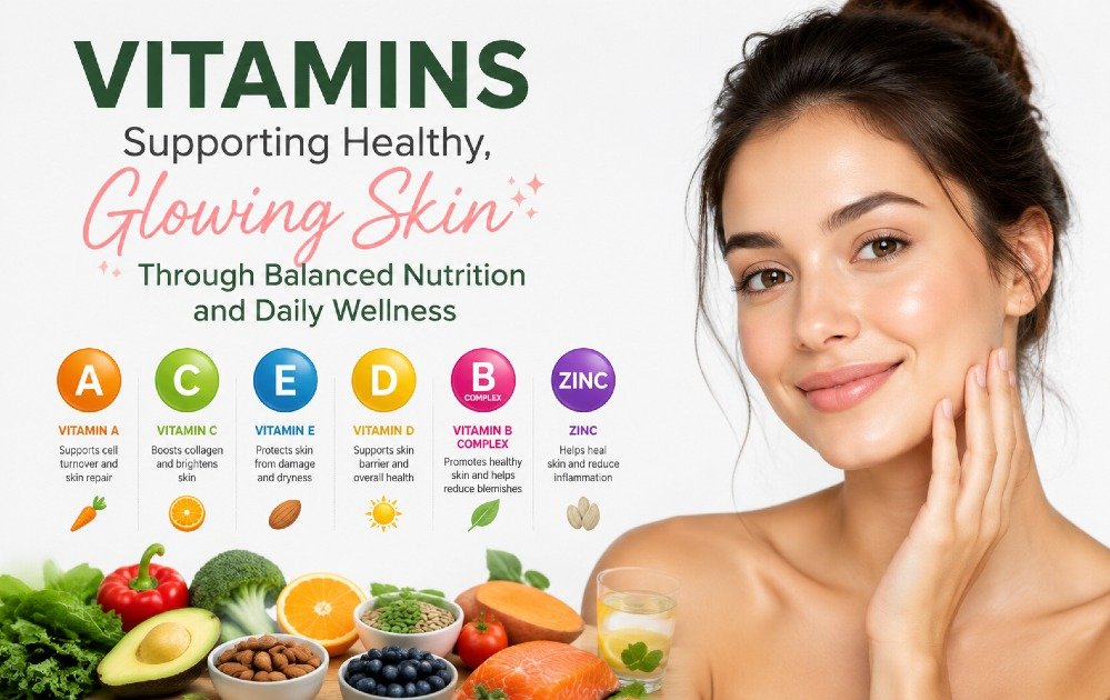 Vitamins supporting healthy, glowing skin through balanced nutrition and daily wellness