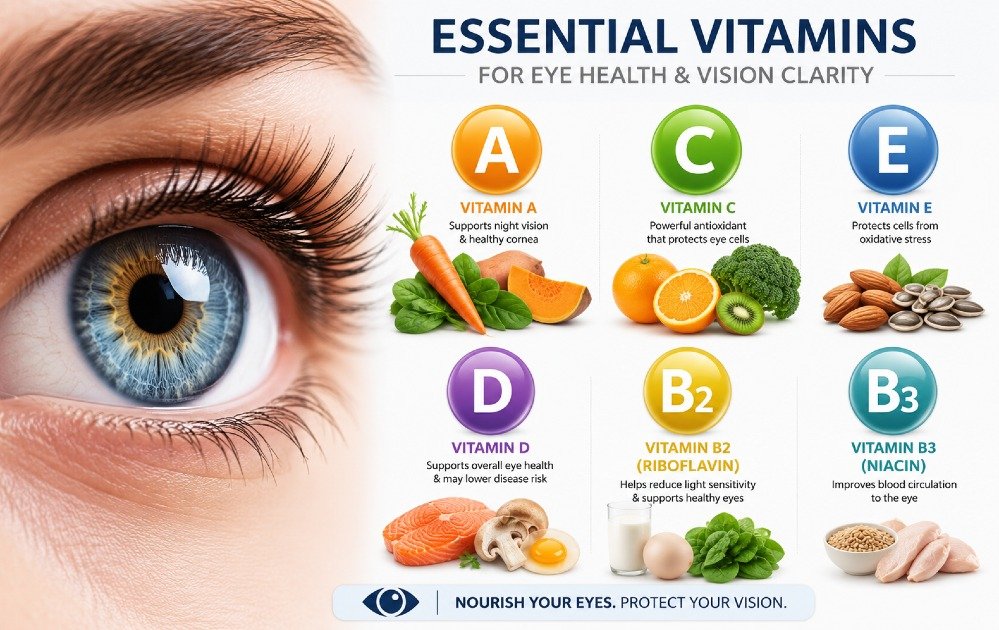 Close-up illustration of essential vitamins supporting eye health and protecting vision clarity