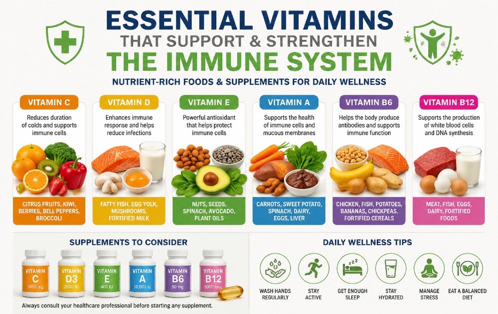 Essential vitamins that support and strengthen the immune system, highlighting nutrient-rich foods and supplements for daily wellness.