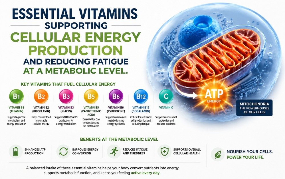 Essential vitamins supporting cellular energy production and reducing fatigue at a metabolic level.