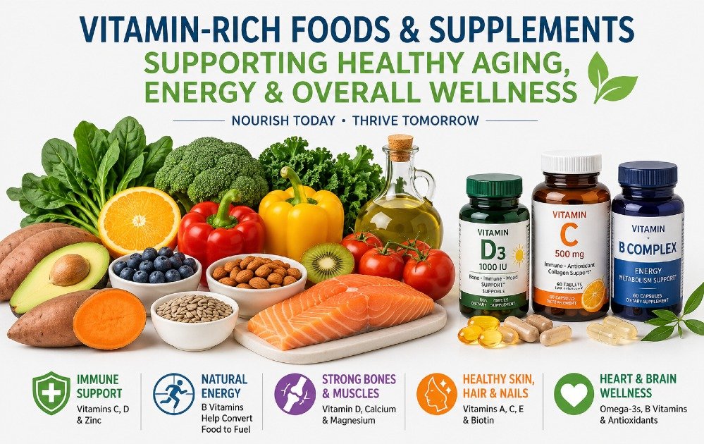 Vitamin-rich foods and supplements supporting healthy aging, energy, and overall wellness.
