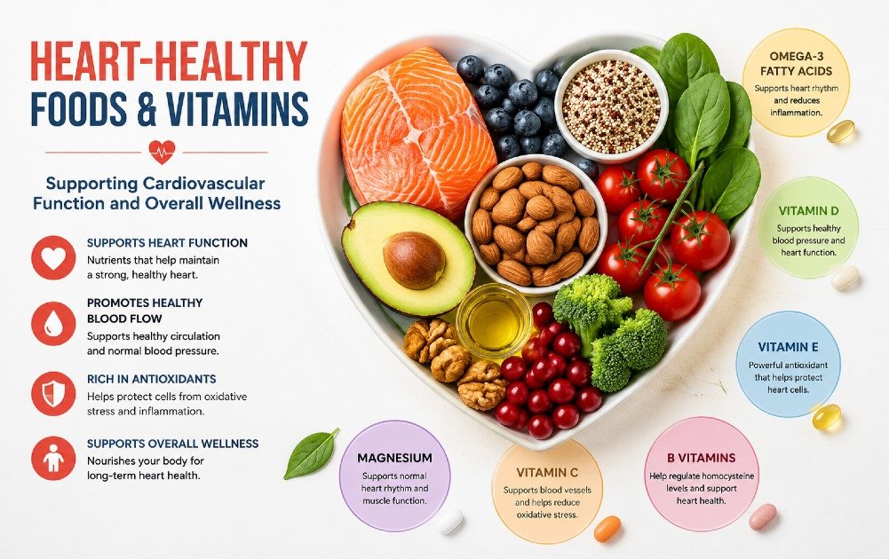 Heart-healthy foods and vitamins supporting cardiovascular function and overall wellness
