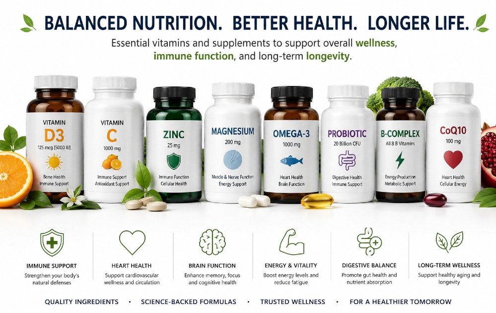 Balanced selection of vitamins and supplements supporting overall wellness, immune function, and long-term longevity.