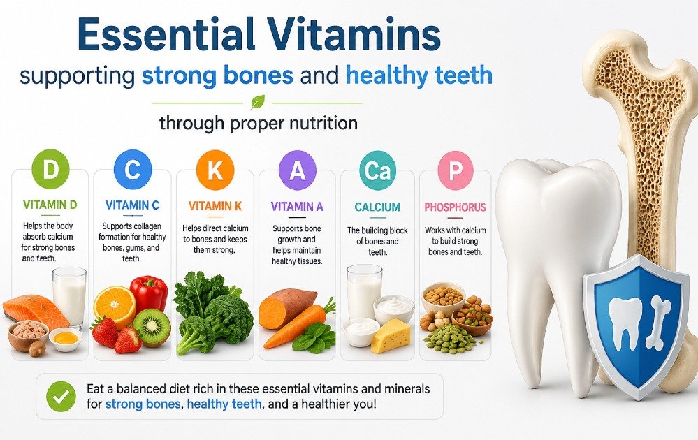 Essential vitamins supporting strong bones and healthy teeth through proper nutrition