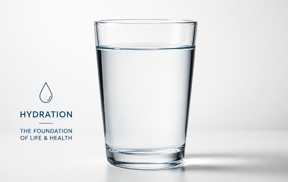 Clear water glass symbolizing hydration as the foundation of life and overall health.