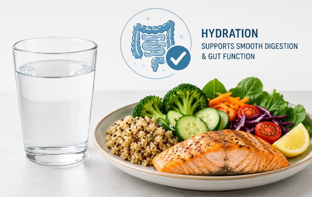Glass of clean water beside a healthy meal, symbolizing how hydration supports smooth digestion and gut function.