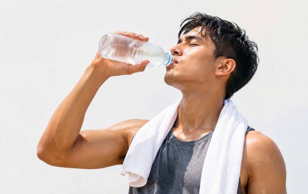Person drinking water to stay hydrated and help regulate body temperature during heat or physical activity