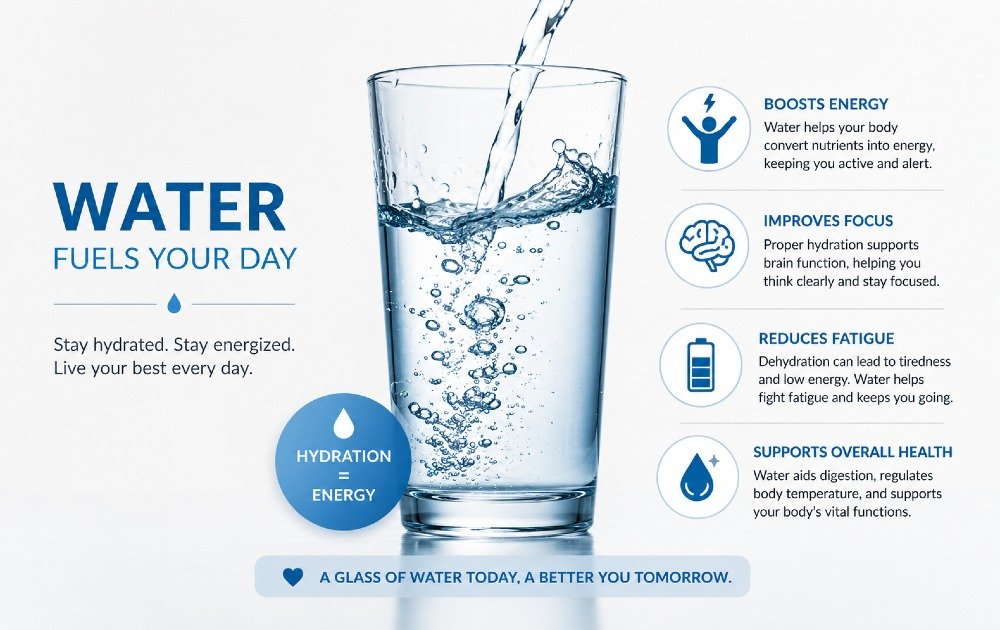 Glass of water symbolizing hydration and energy boost, showing how water reduces fatigue and supports daily vitality.