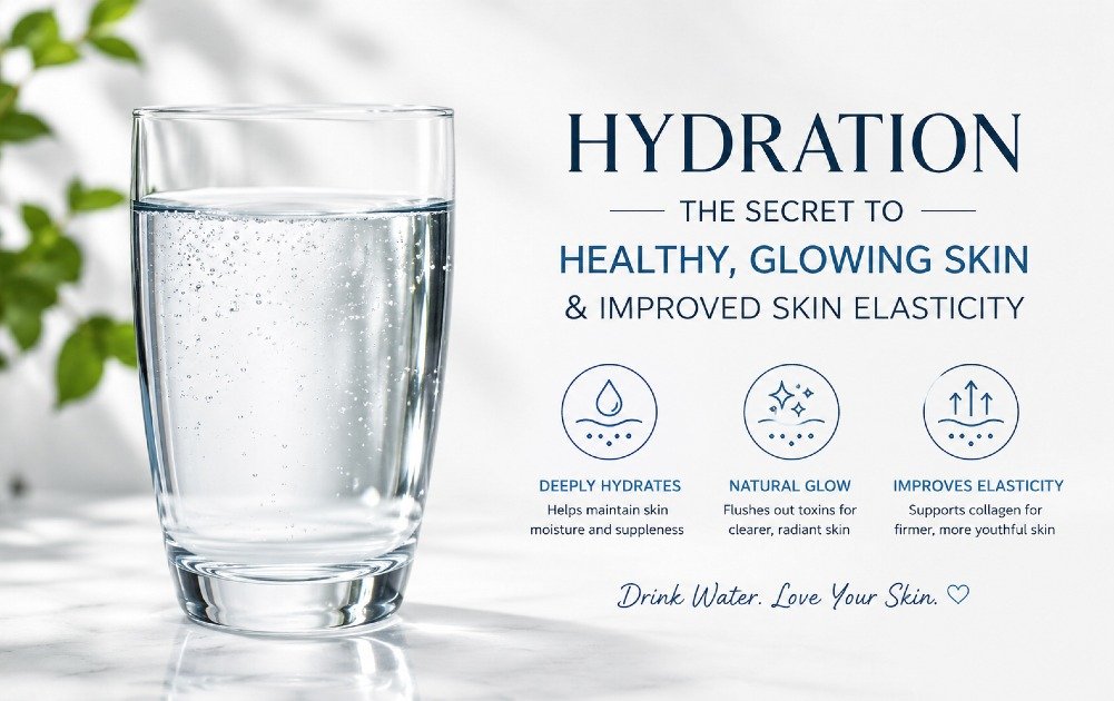 Glass of clean water highlighting hydration for healthy, glowing skin and improved skin elasticity.