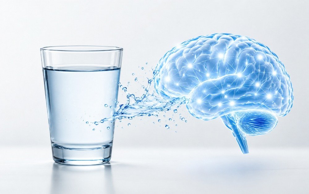 Clear glass of water symbolizing hydration supporting brain function and improved mental clarity