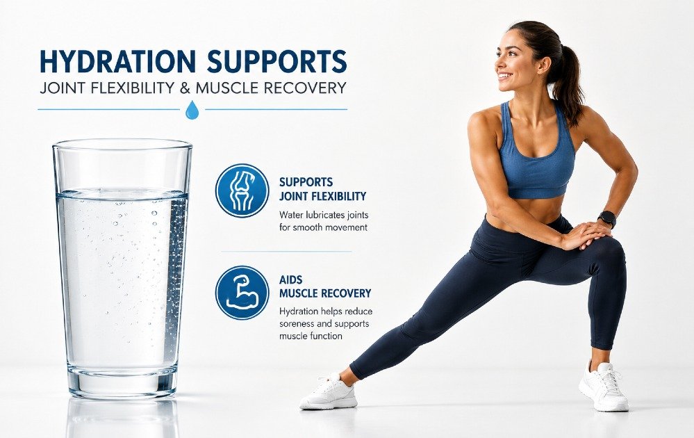 Glass of water beside a healthy active person symbolizing hydration support for joint flexibility and muscle recovery.