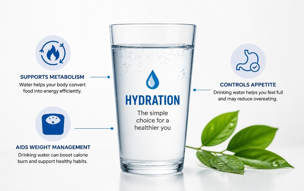 Glass of water symbolizing hydration’s role in supporting metabolism, appetite control, and healthy weight management.