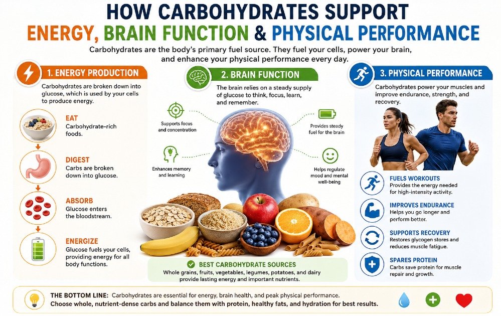 Carbohydrates supporting energy production, brain function, and physical performance in the human body