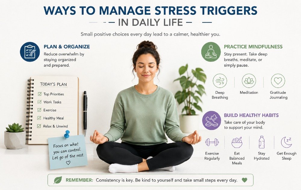 Person using practical stress-management techniques such as planning, mindfulness, and healthy habits to reduce daily stress triggers.