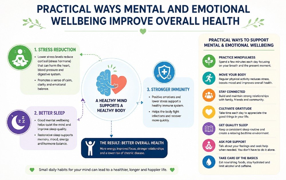 Practical ways mental and emotional wellbeing improve overall health, including stress reduction, better sleep, and stronger immunity.