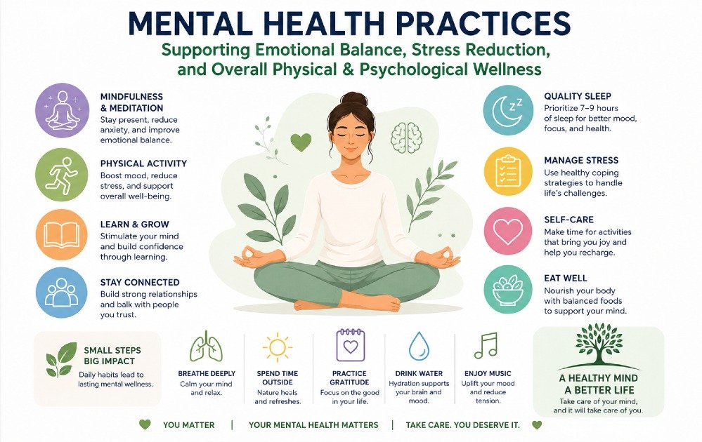 Mental health practices supporting emotional balance, stress reduction, and overall physical and psychological wellness.