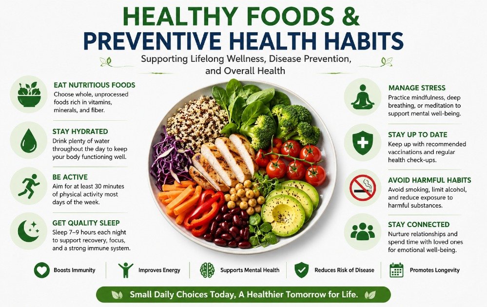Healthy foods and preventive health habits supporting lifelong wellness, disease prevention, and overall health.
