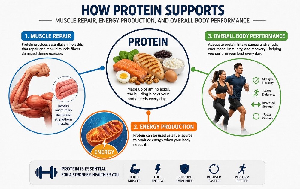 Balanced illustration of how protein supports muscle repair, energy production, and overall body performance.