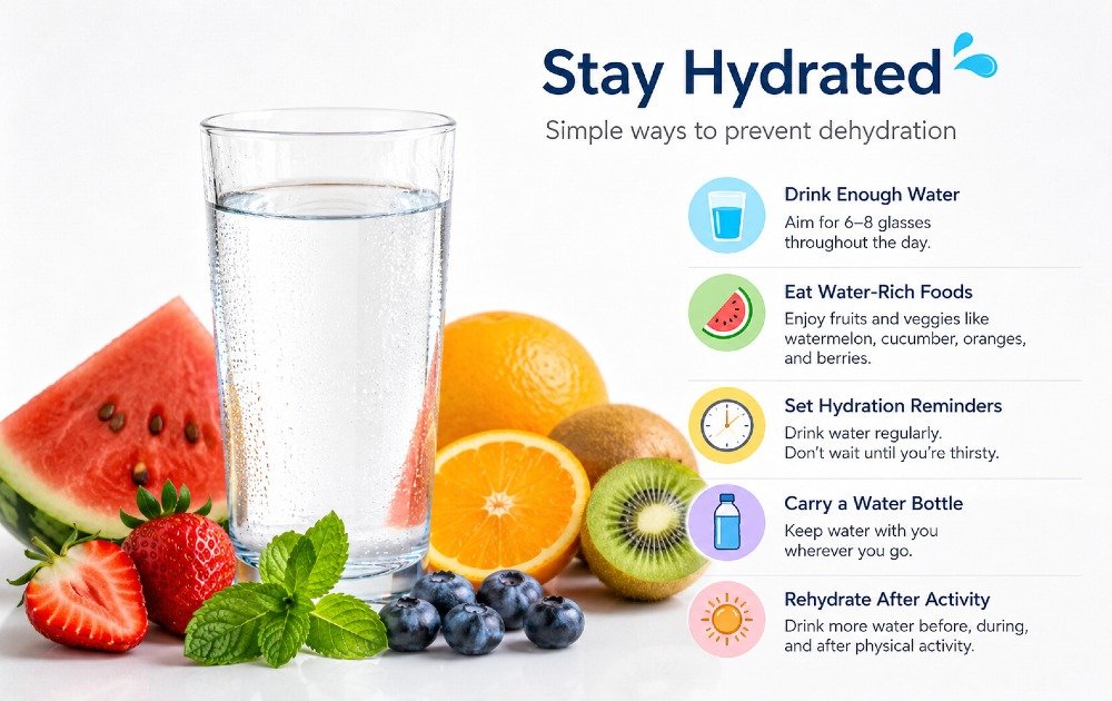 Glass of water with fresh fruits and hydration reminders symbolizing simple ways to prevent dehydration.