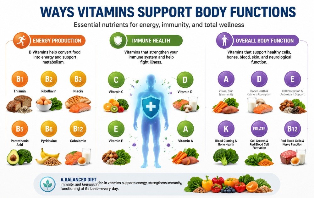 Balanced illustration of essential vitamins supporting energy production, immune health, and overall body function.