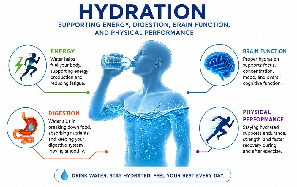 Hydration supporting energy, digestion, brain function, and physical performance in the human body