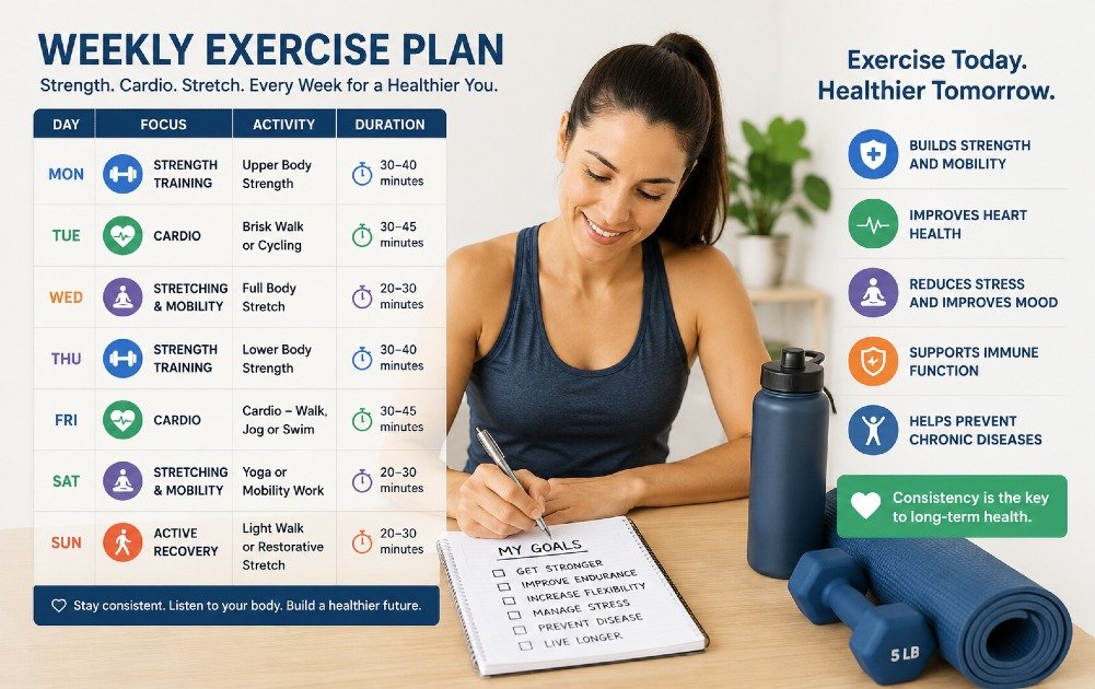Person following a weekly exercise plan with strength training, cardio, and stretching to support long-term health and disease prevention.