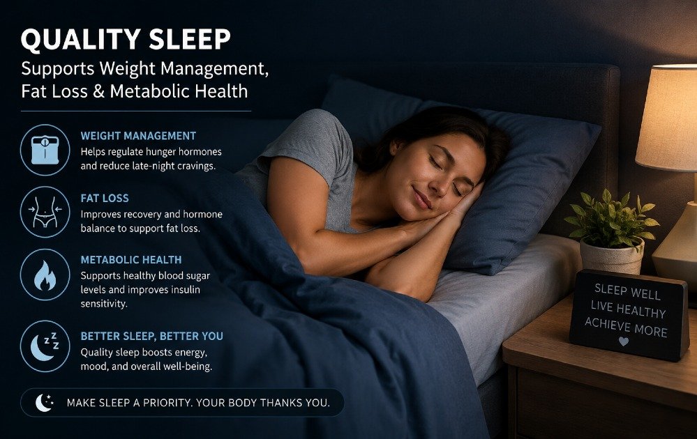 Person sleeping peacefully in a dark, calm bedroom illustrating how quality sleep supports weight management, fat loss, and metabolic health.