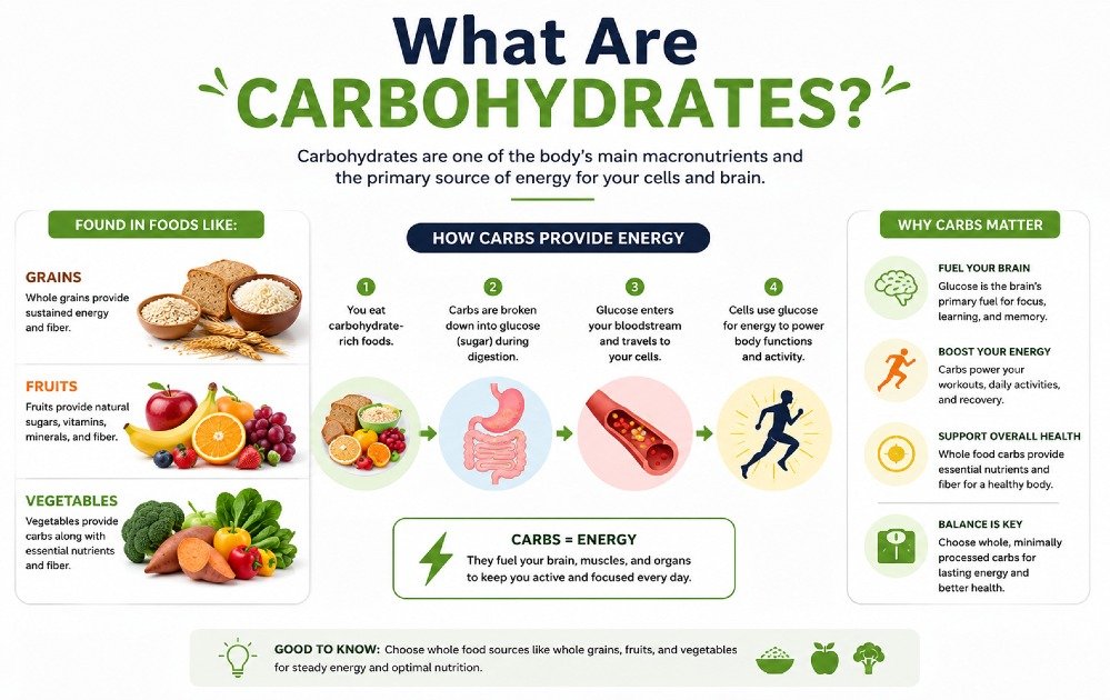 Simple visual explaining what carbohydrates are and how they provide energy for the body through food sources like grains, fruits, and vegetables.