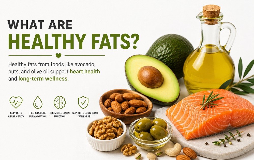Healthy fats sources including avocado, nuts, olive oil, and salmon supporting heart and brain health