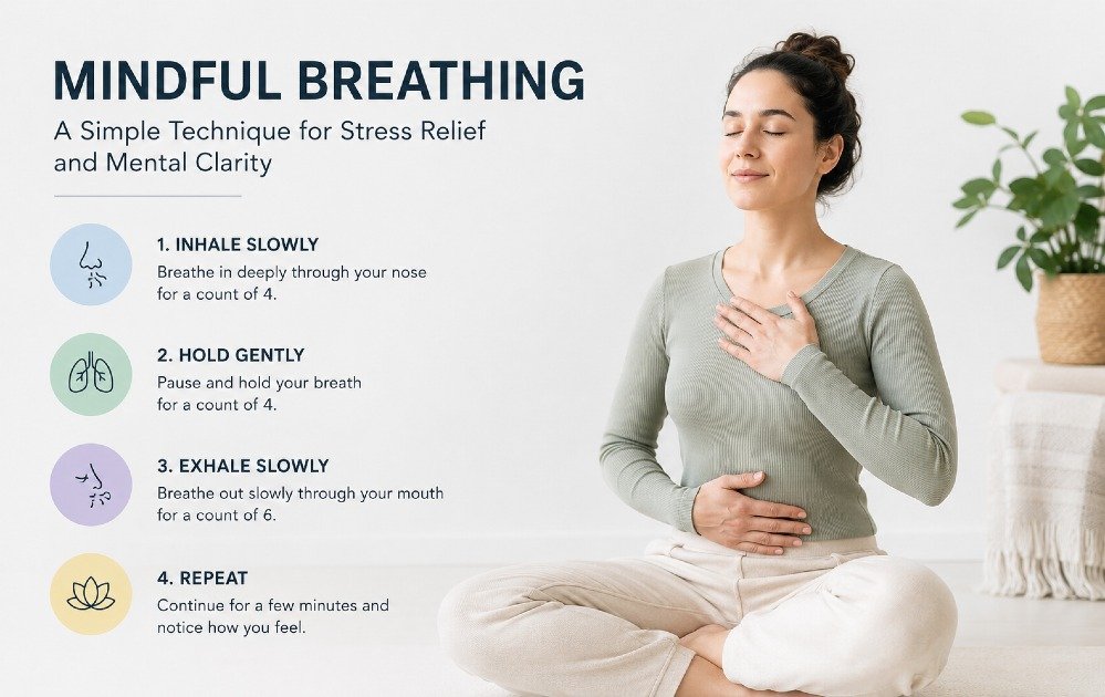Person practicing mindful breathing by focusing on slow, deep breaths for stress relief and mental clarity