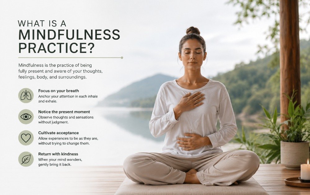 Calm person practicing mindfulness meditation in a peaceful setting, focusing on breathing and present awareness.