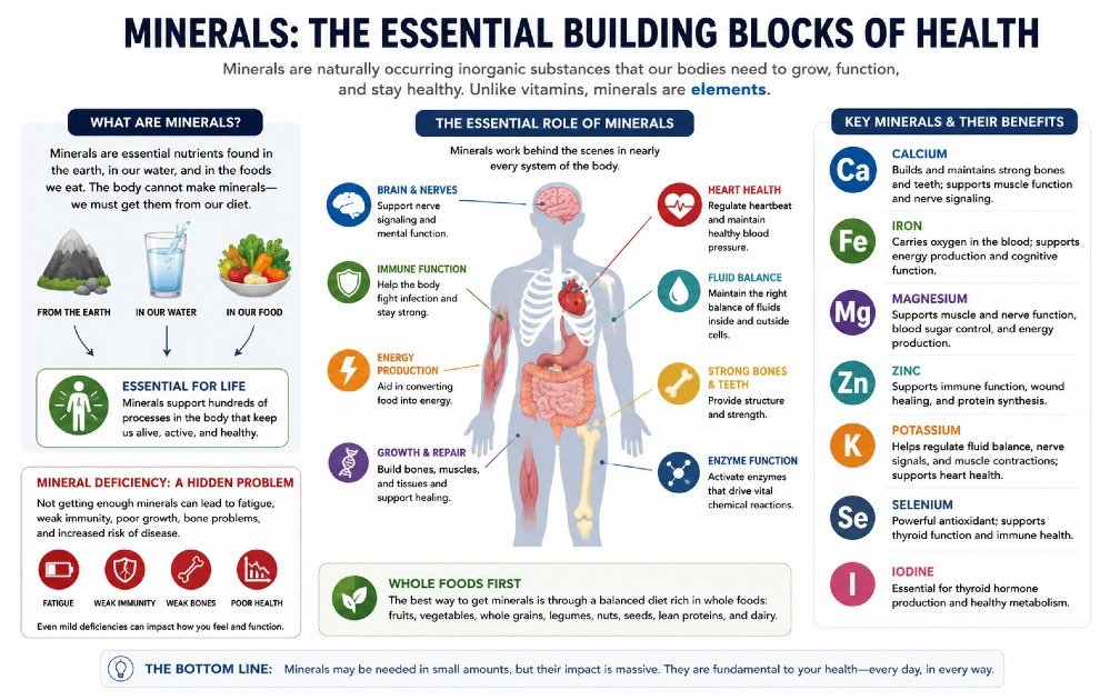 Educational diagram explaining what minerals are and their essential role in human health and body function.