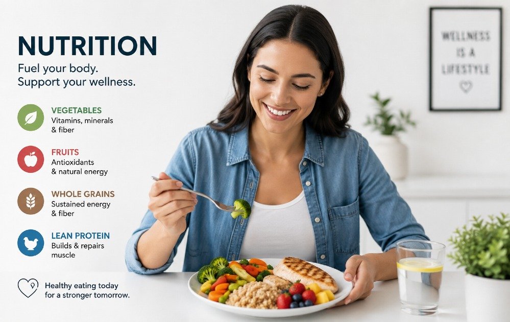 Person eating a balanced meal with fruits, vegetables, whole grains, and lean protein to demonstrate what nutrition is and how healthy eating supports overall wellness.