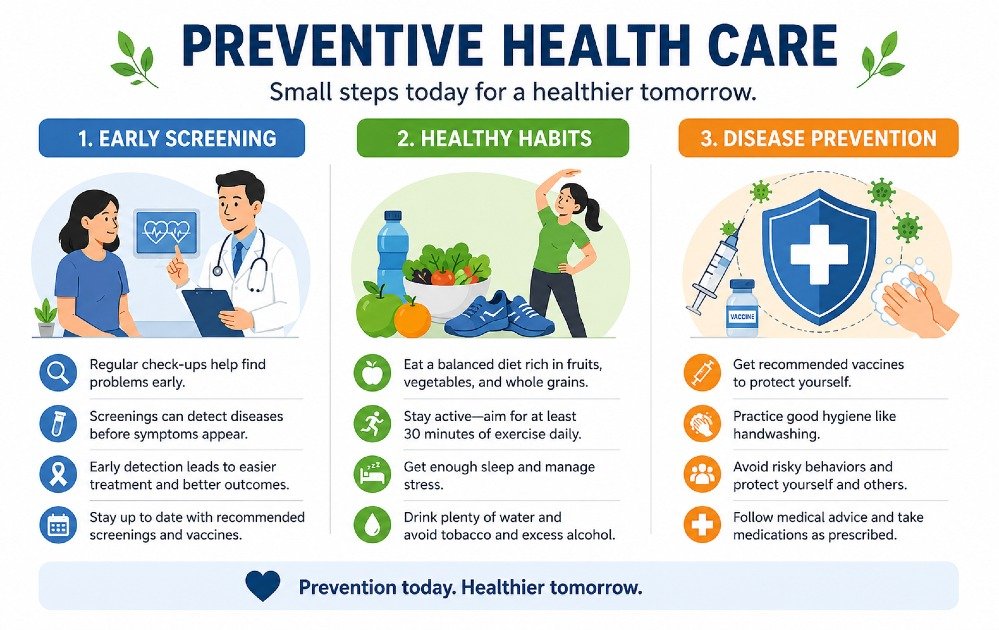Simple visual explaining preventive health care focused on early screening, healthy habits, and disease prevention.