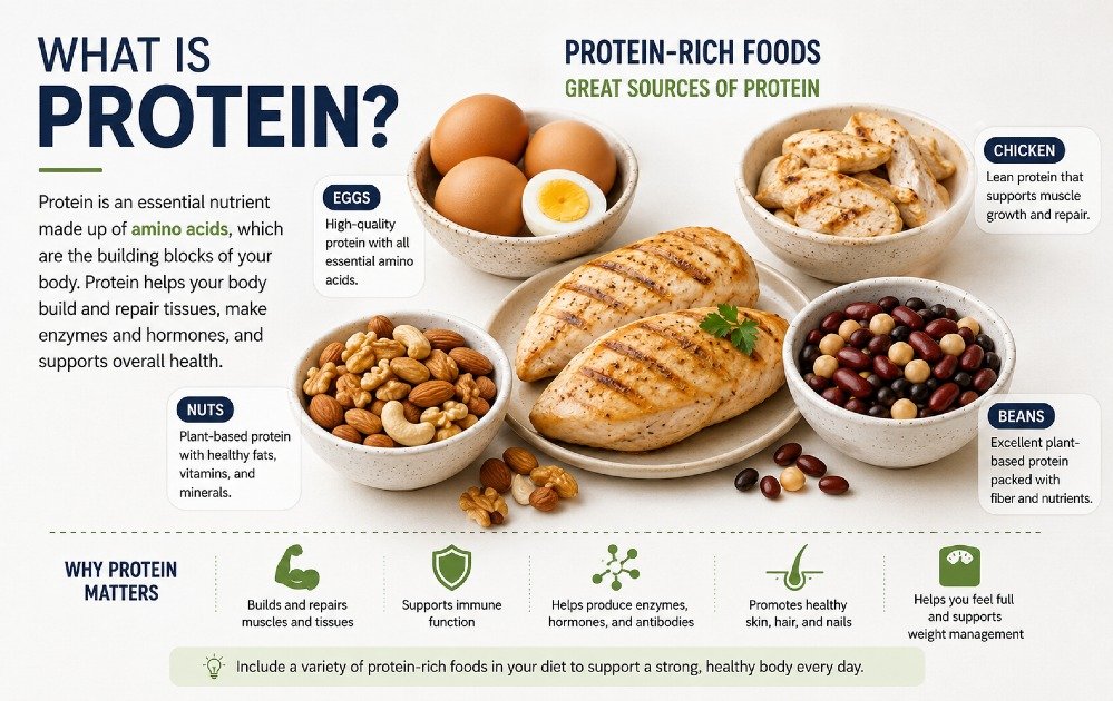 Protein-rich foods and dietary sources including eggs, chicken, beans, and nuts arranged to explain what protein is.