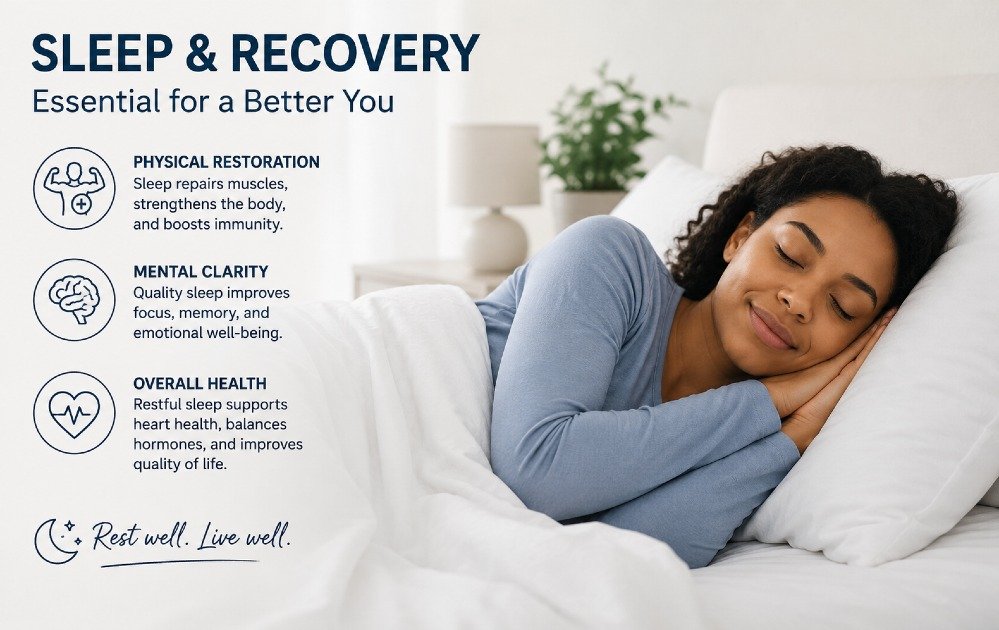 Person sleeping peacefully illustrating sleep and recovery as essential processes for physical restoration, mental clarity, and overall health.