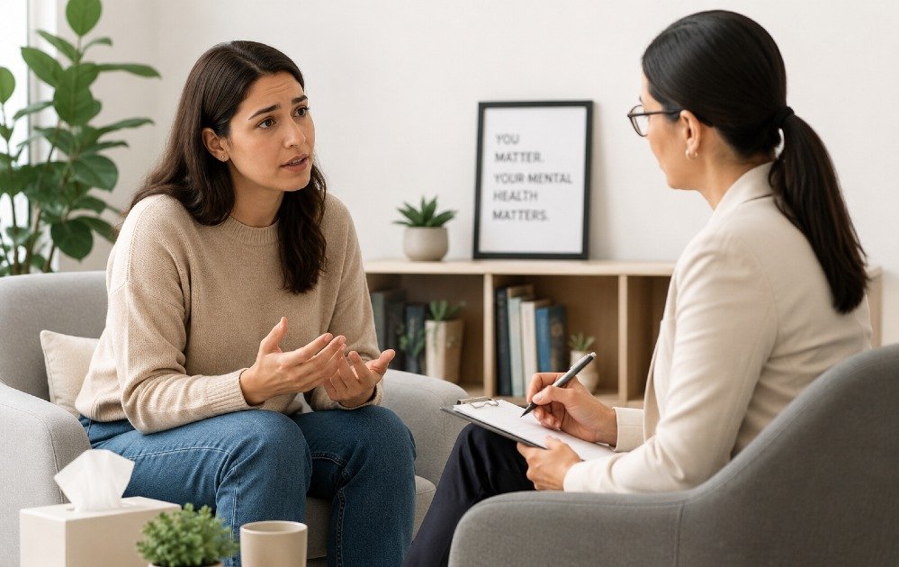 Person consulting a licensed mental health professional about ongoing emotional distress and coping strategies.