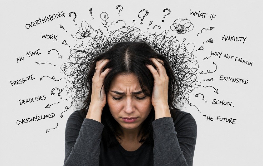 Person holding head with visible stress, illustrating overwhelming anxiety and mental pressure.